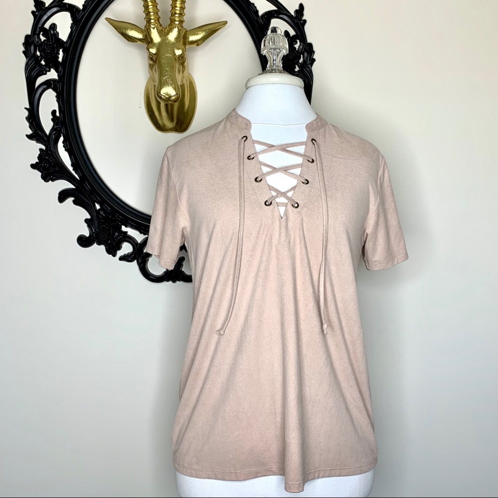 Z Supply Light Pink Faux Suede Short Sleeve Shirt